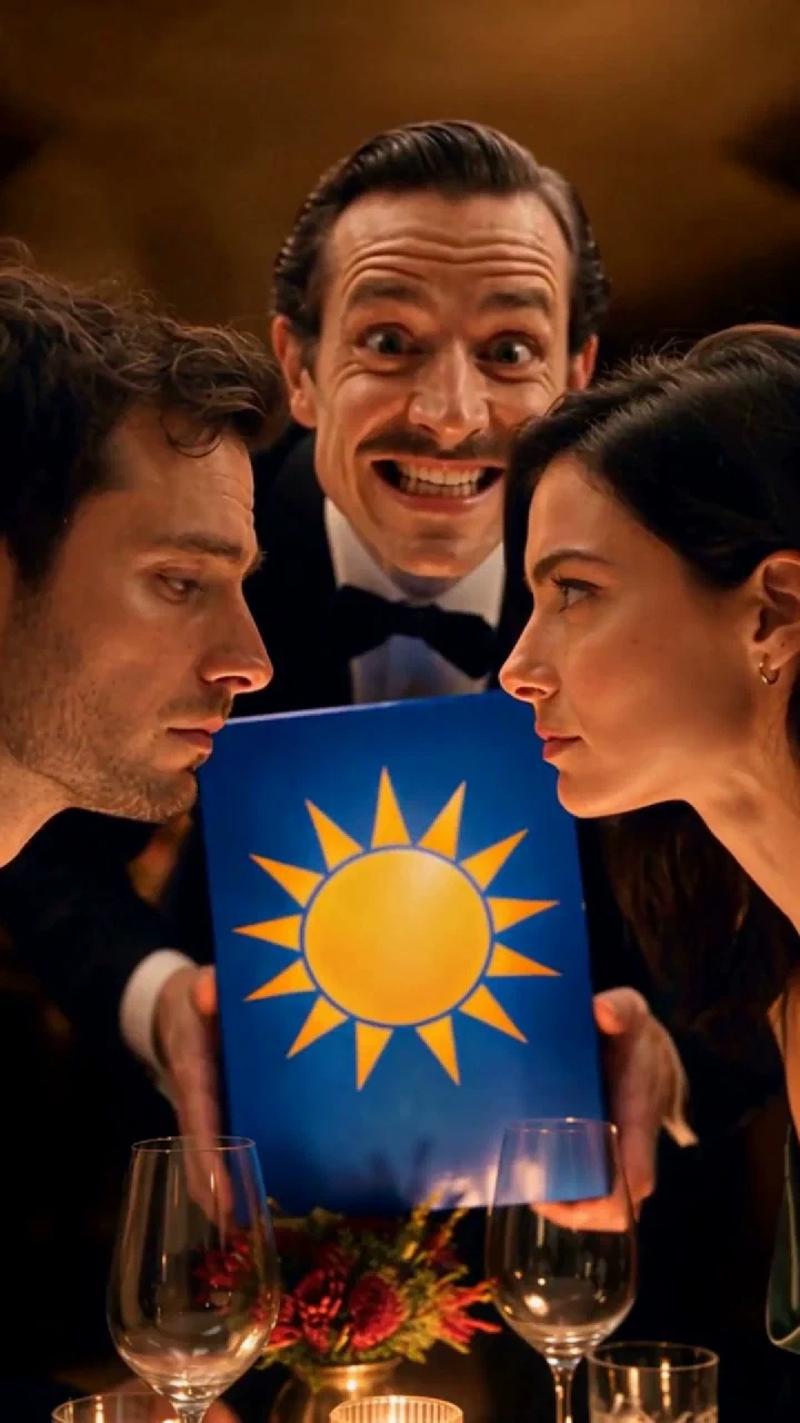 A grinning detergent salesman interrupts a couple's candlelit dinner