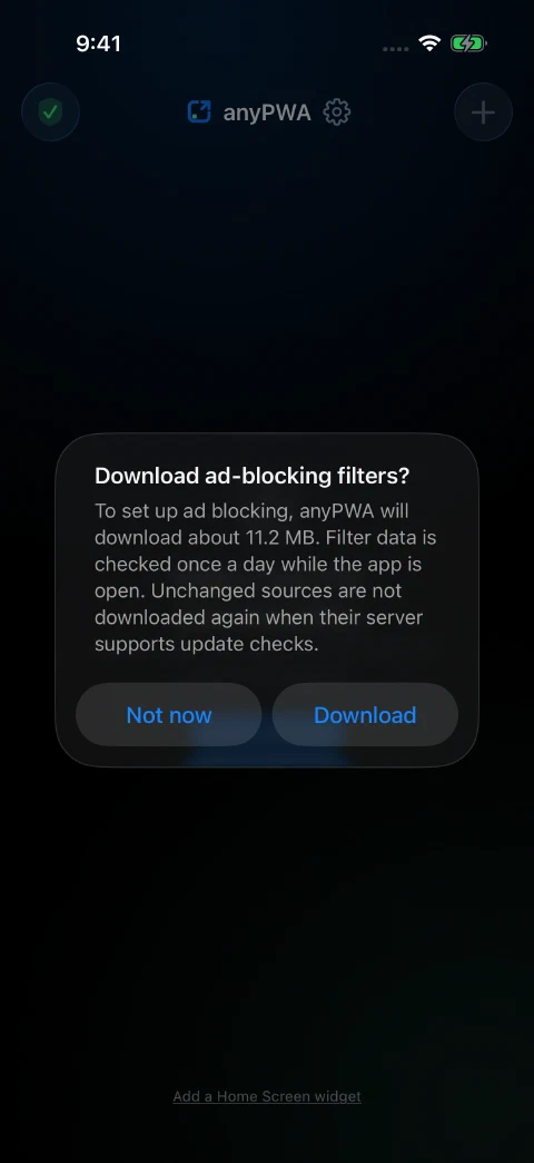 anyPWA asking to download ad-blocking filters on first launch