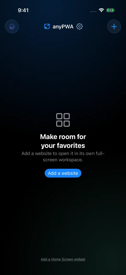 Empty anyPWA library with the plus and Add a website buttons