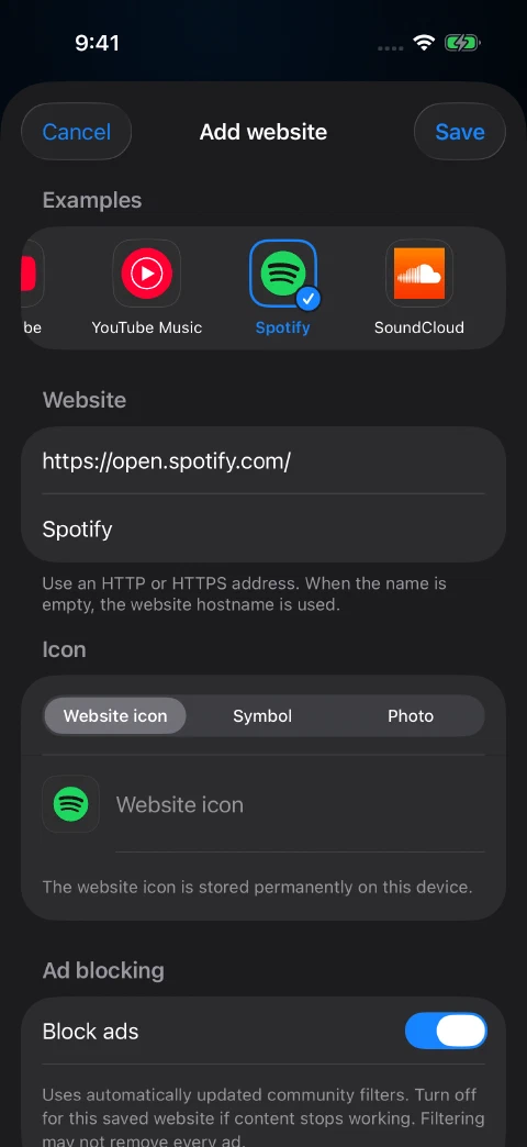 Spotify selected in Add website, with its name and address filled in and Block ads enabled