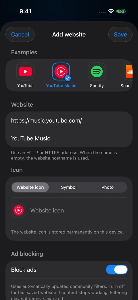 YouTube Music selected in Add website, with its name and address filled in and Block ads enabled