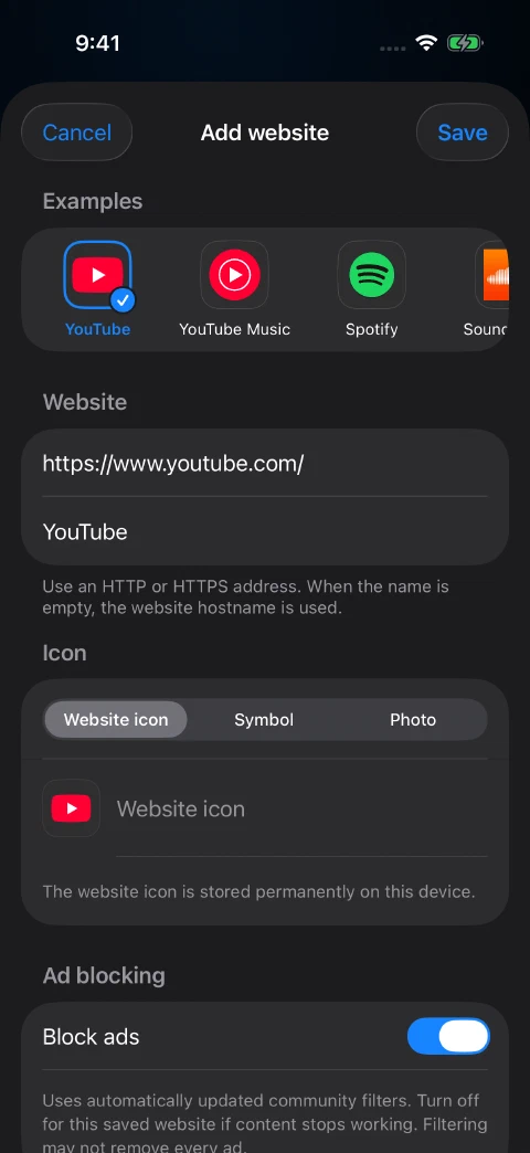 YouTube selected in Add website, with its name and address filled in and Block ads enabled