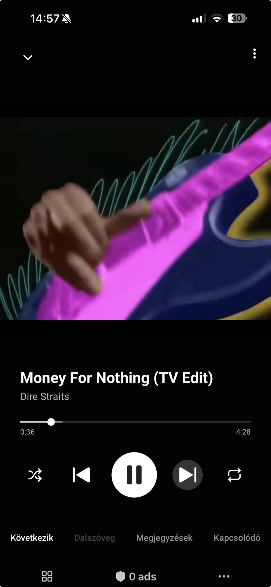 YouTube Music playing Money For Nothing by Dire Straits in anyPWA